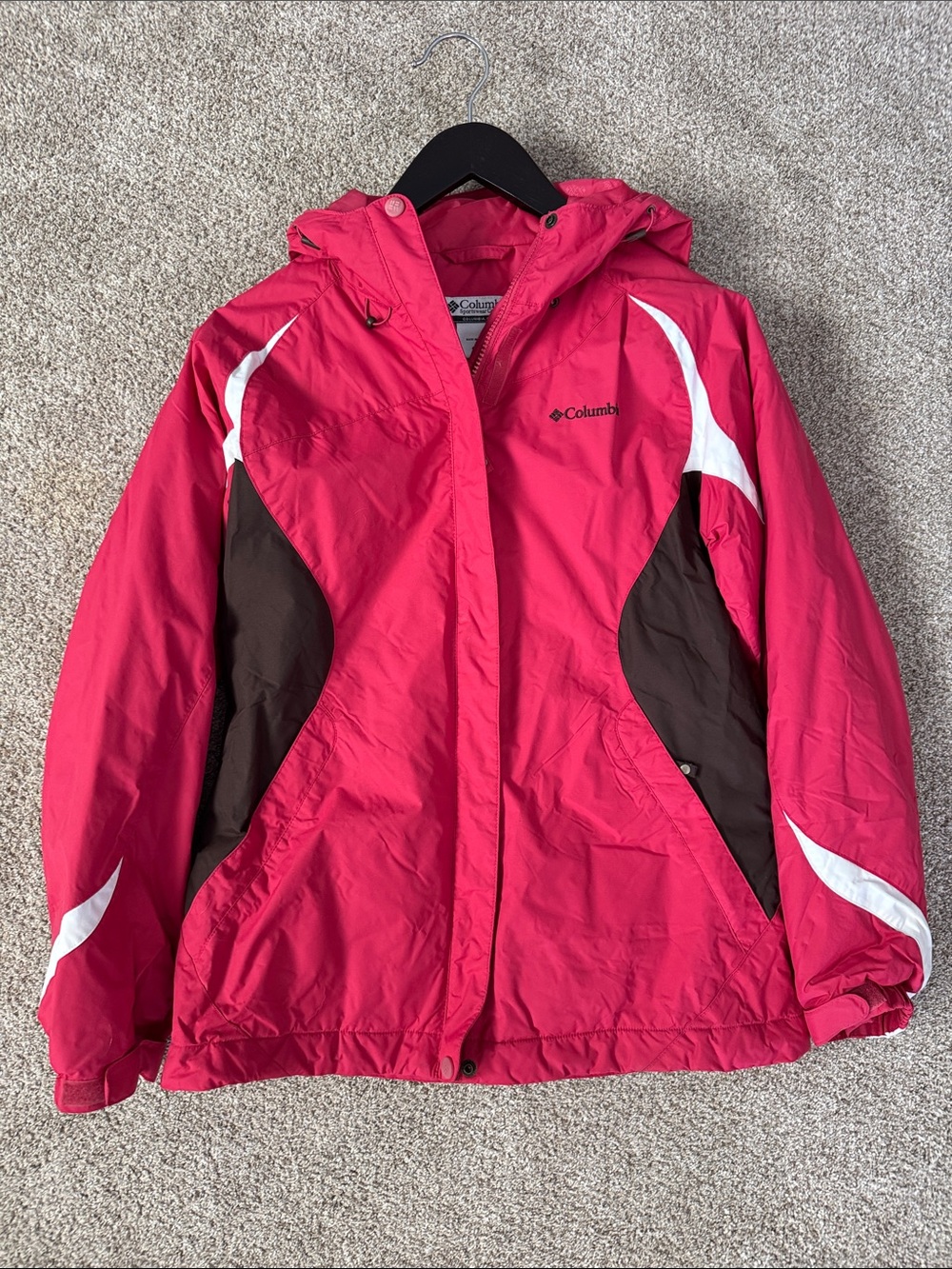 Columbia Womens Bright Pink Hooded Winter Jacket with Brown & White Accents